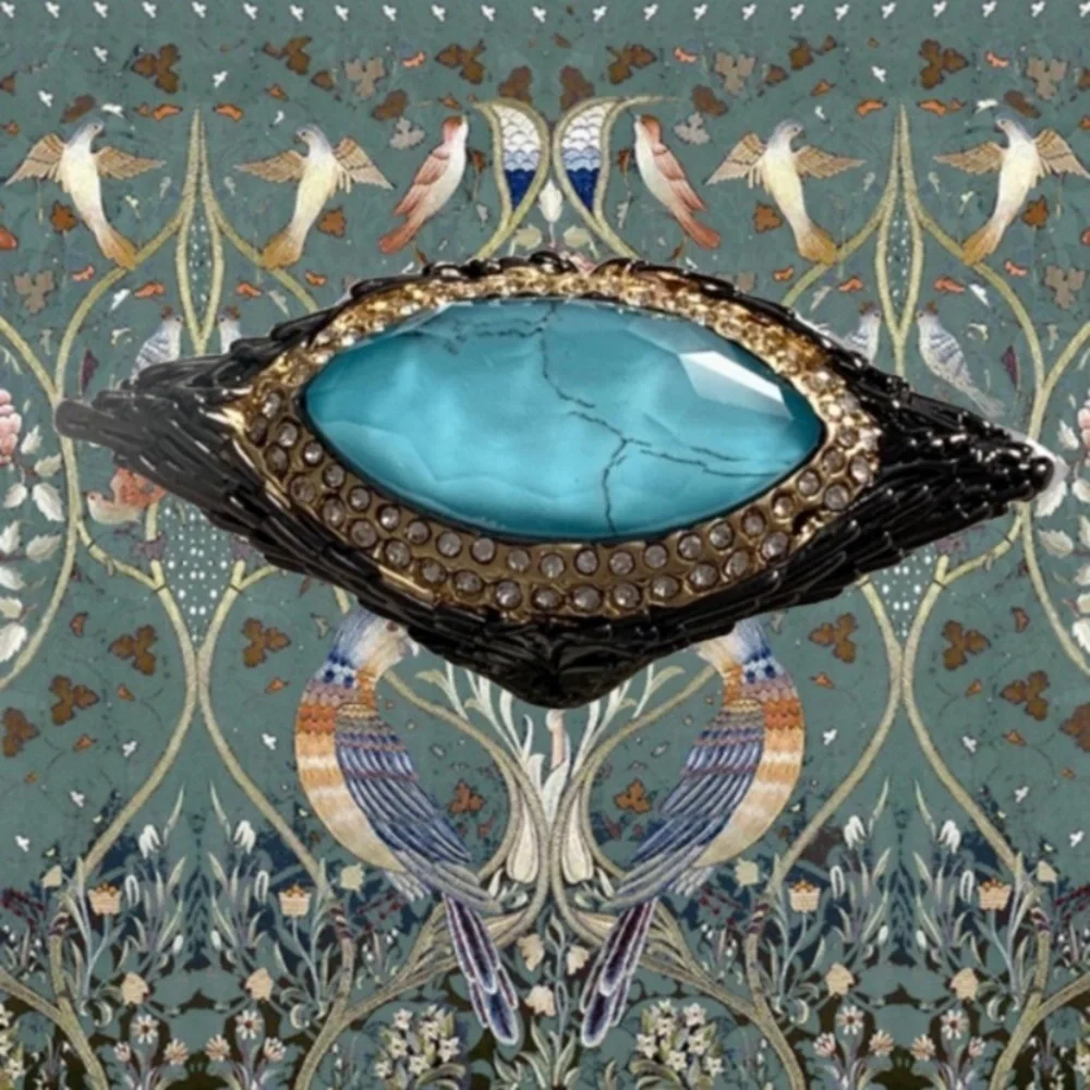 ALEXIS BITTAR Black Gunmetal Gold Doublet Turquoise Stone Maldivian Feather Ring